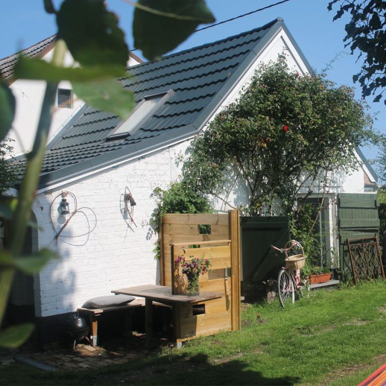 Seitenasicht auf romantisches Tiny House Einstein mit rosa Fahrrad und weiten Blick in die Polderlandschaft